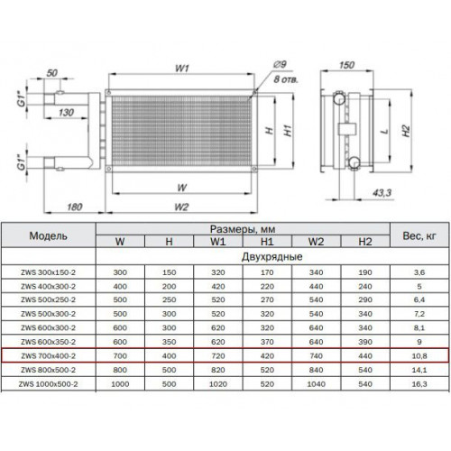 ZWS 700x400-2 Водяной нагреватель для прямоугольных каналов