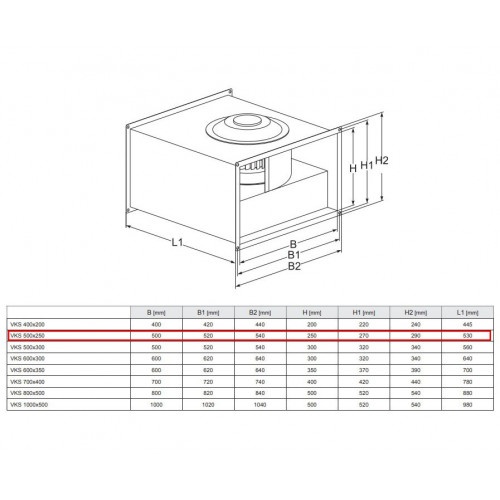 VKS 500-250-4 L3 вентилятор для прямоугольных каналов