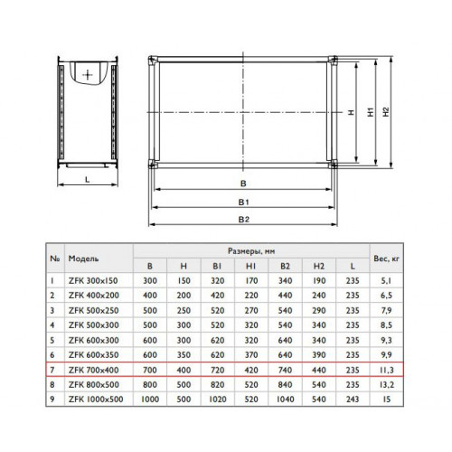 ZFK 700*400 для вставок 50/100 мм Фильтр-бокс для прямоугольных воздуховодов