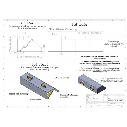ЗВП 450x900x2000 пристенный тип 2 зонт вытяжной из нержавеющей стали 1 мм